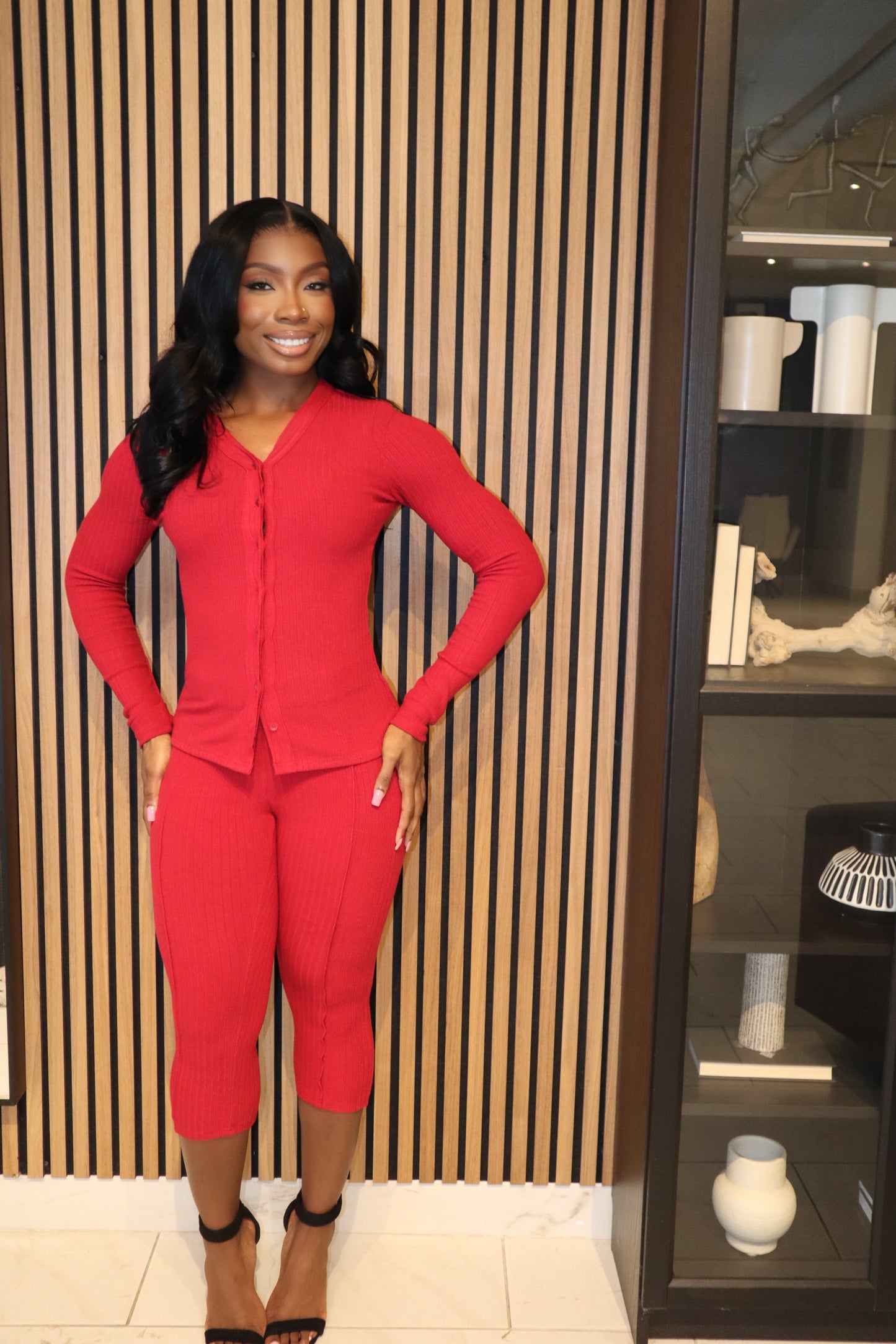 SCARLET TEMPO Set | Red Ribbed Button-Up & Leggings