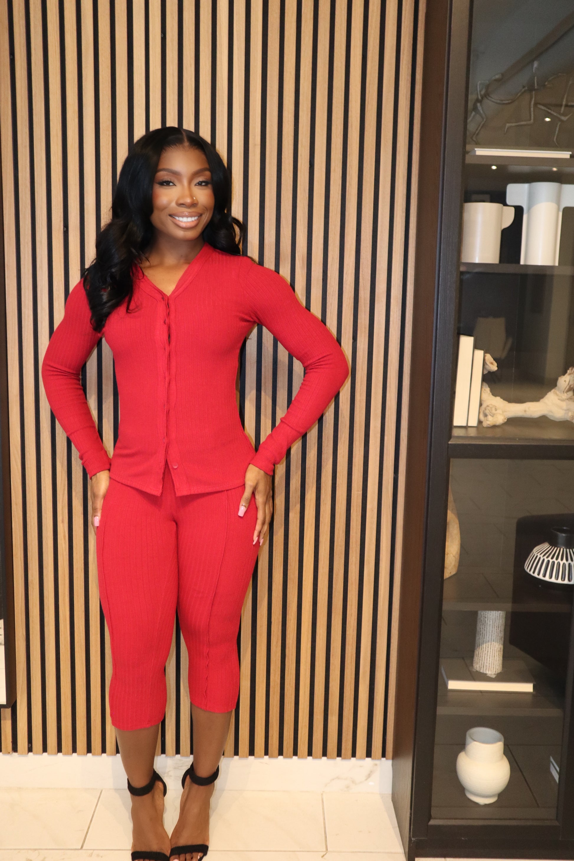 SCARLET TEMPO Set | Red Ribbed Button-Up & Leggings