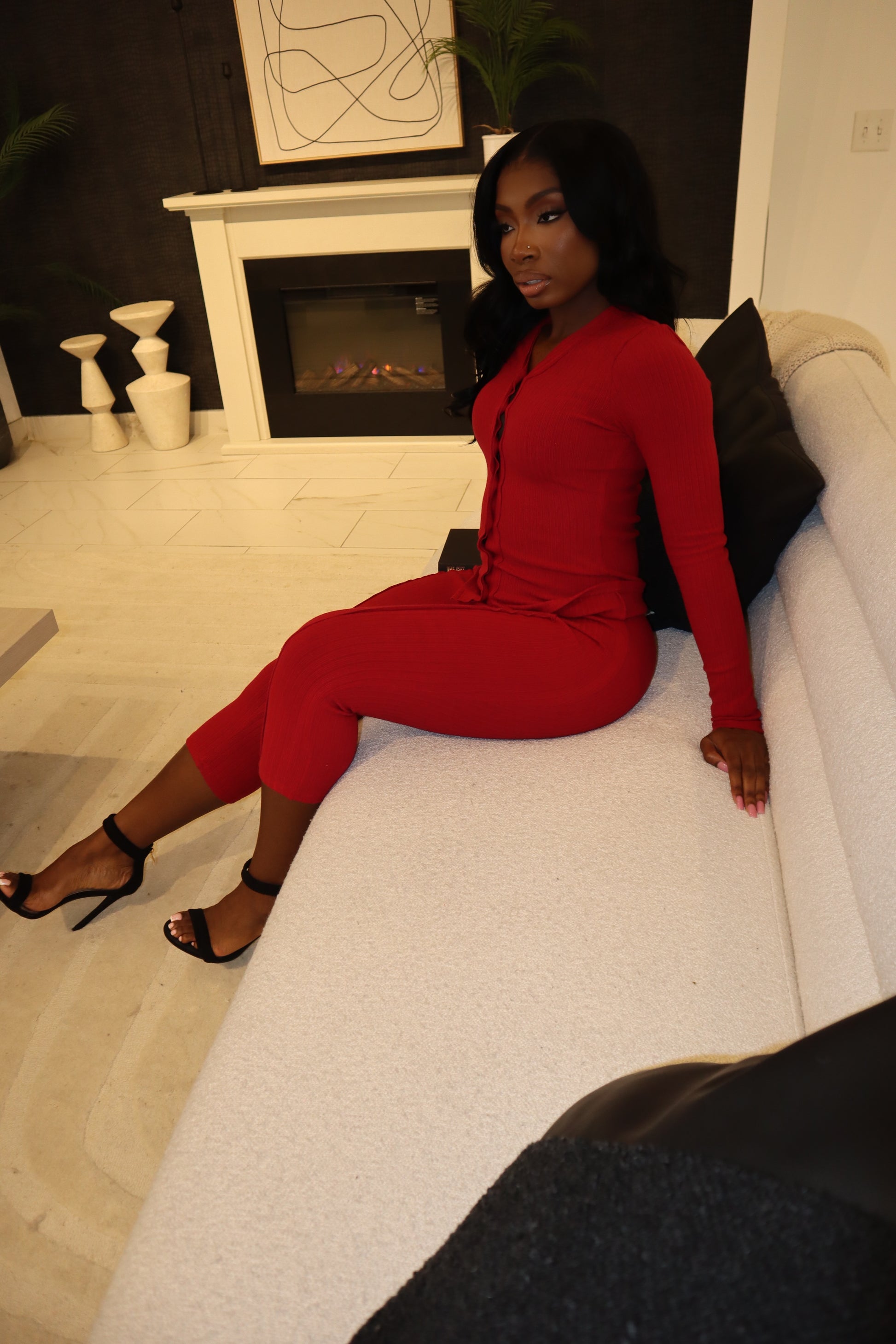 SCARLET TEMPO Set | Red Ribbed Button-Up & Leggings