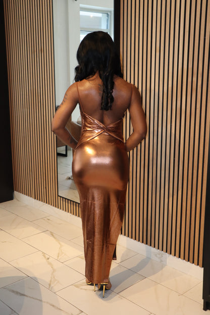BRONZED LUXE Dress | Metallic Bodycon Maxi for Nights